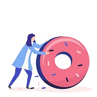 Character of a woman rolling a giant donut illustration