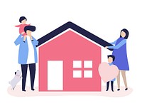 Characters of a loving family and their house illustration