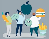 Characters of people holding food icons illustration
