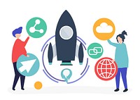 Two people holding startup technology icons illustration