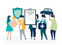 Characters of people holding insurance icons illustration