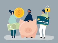 People holding savings and security icons illustration