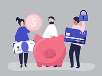 People holding savings and security icons illustration
