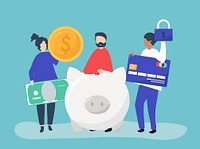 People holding savings and security icons illustration