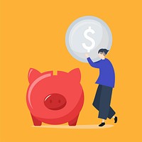 Character of a man saving money in a piggy bank illustration