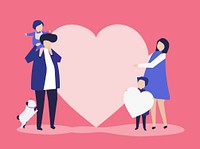 Characters of a family holding a heart shape illustration