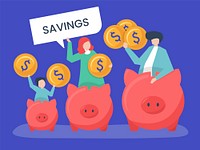 Family with savings and piggy bank icons illustration