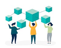 Characters of people holding a blockchain network illustration