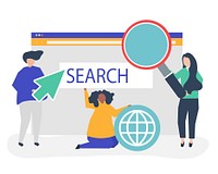 Characters of people holding internet search icons illustration