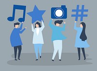 Characters of people holding social media icons illustration
