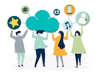 People holding cloud and social networking icons illustration