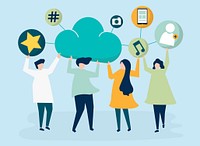 People holding cloud and social networking icons illustration