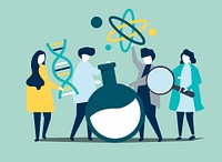 Characters of scientists holding chemistry icons illustration
