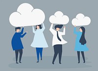Characters of business people holding cloud icons illustration