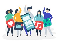 Characters of people holding social networking icons illustration