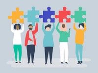 Diverse people holding different puzzle pieces illustration