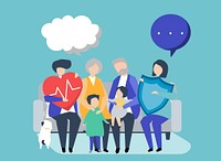 Characters of an extended family with healthcare illustration