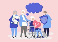 Characters of senior people holding healthcare icons illustration