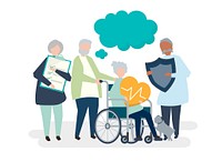 Characters of senior people holding healthcare icons illustration