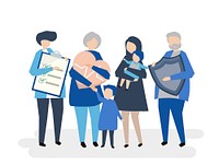 Characters of an extended family with healthcare illustration