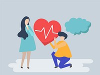 Guy holding a beating heart for a woman illustration