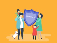 Character of a family holding an insurance illustration