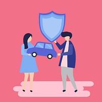 Characters of a couple holding a car and shield illustration