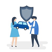 Characters of a couple holding a car and shield illustration