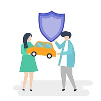 Characters of a couple holding a car and shield illustration