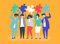 Character of business people holding puzzle pieces illustration