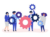 Characters of business people holding cogwheels illustration