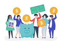 Diverse group of people and savings concept illustration