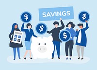 Diverse group of people and savings concept illustration