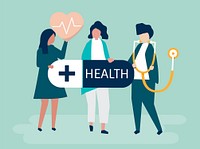 Characters of people holding healthcare icons illustration