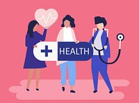 Characters of people holding healthcare icons illustration