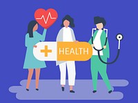Characters of people holding healthcare icons illustration