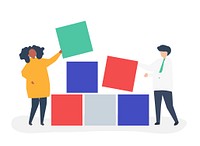 Teamwork concept illustration of a couple building blocks together