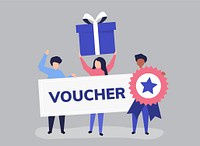 Character illustration of people holding voucher icons