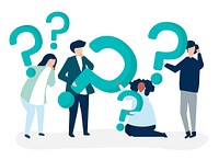 Group of people holding question mark icons<br />