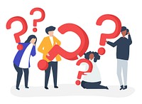 Group of people holding question mark icons<br />
