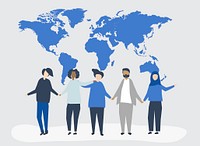 Character illustration of people with a world map illustration<br />