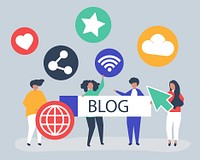 Character illustration of people holding blogging icons