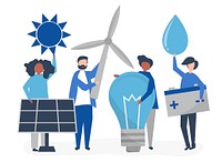 Characters of people holding green energy icons
