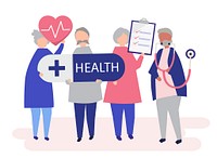 Character illustration of elderly people holding health icons