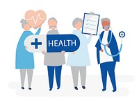 Character illustration of elderly people holding health icons