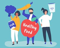 People holding healthy food icons