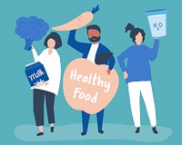 People holding healthy food icons