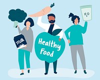 People holding healthy food icons