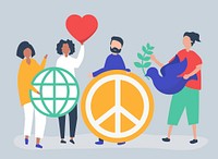 Characters of people holding peace icon illustration