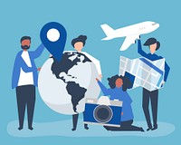 People holding travel related icons